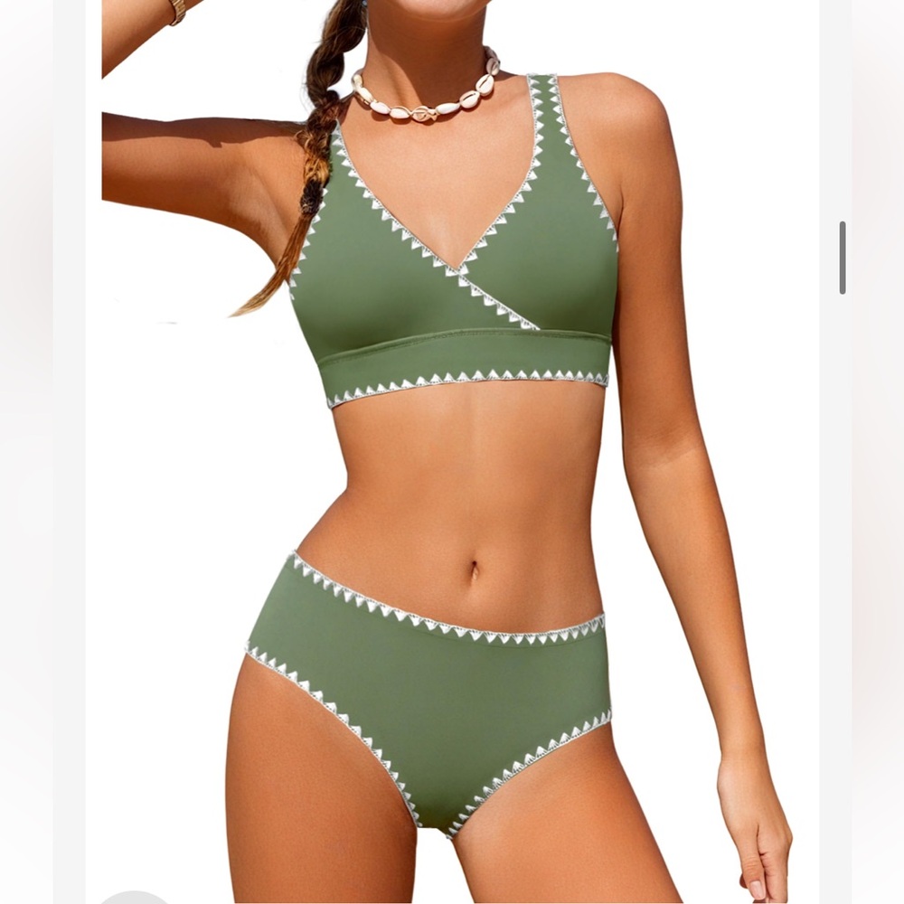 Olive Green White Trim Bikini Girls Youth Size 10-12